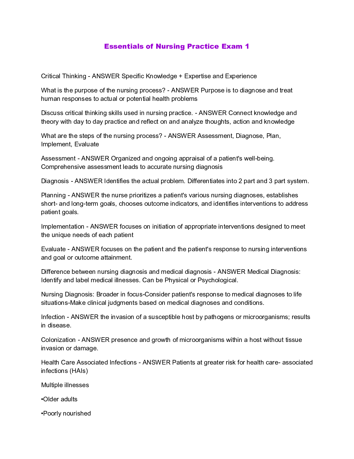 Preview image for Essentials of Nursing Practice Exam 1